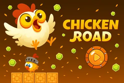 Chicken Road game promotional banner featuring a happy cartoon chicken jumping among green gems and gold coins